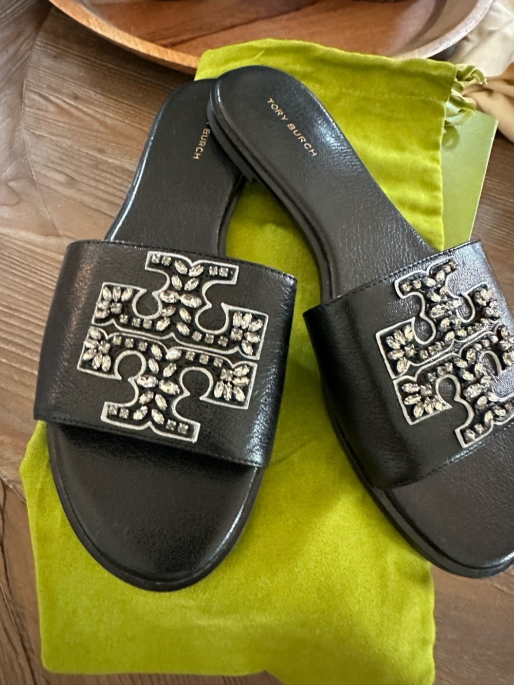 Tory Burch Black Crystal-Embellished Logo Slide Sandals - Picture 2 of 10